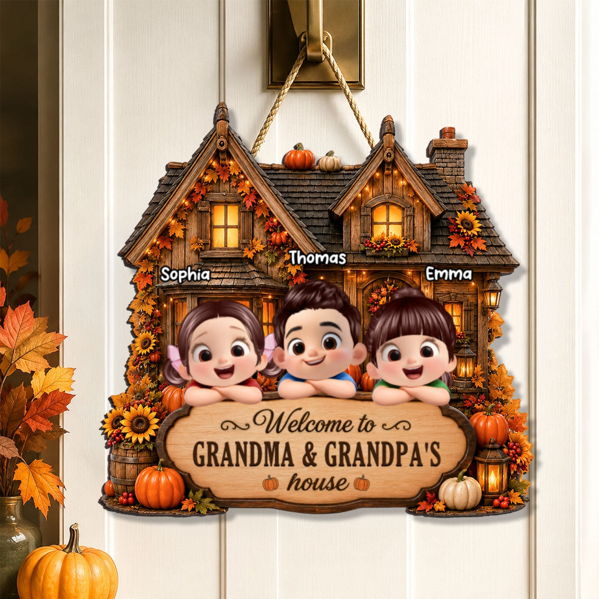 Welcome to Grandma Grandpa Fall Pumpkin House - Personalized Wooden Door Sign - Fall Thanksgiving Farmhouse Gift