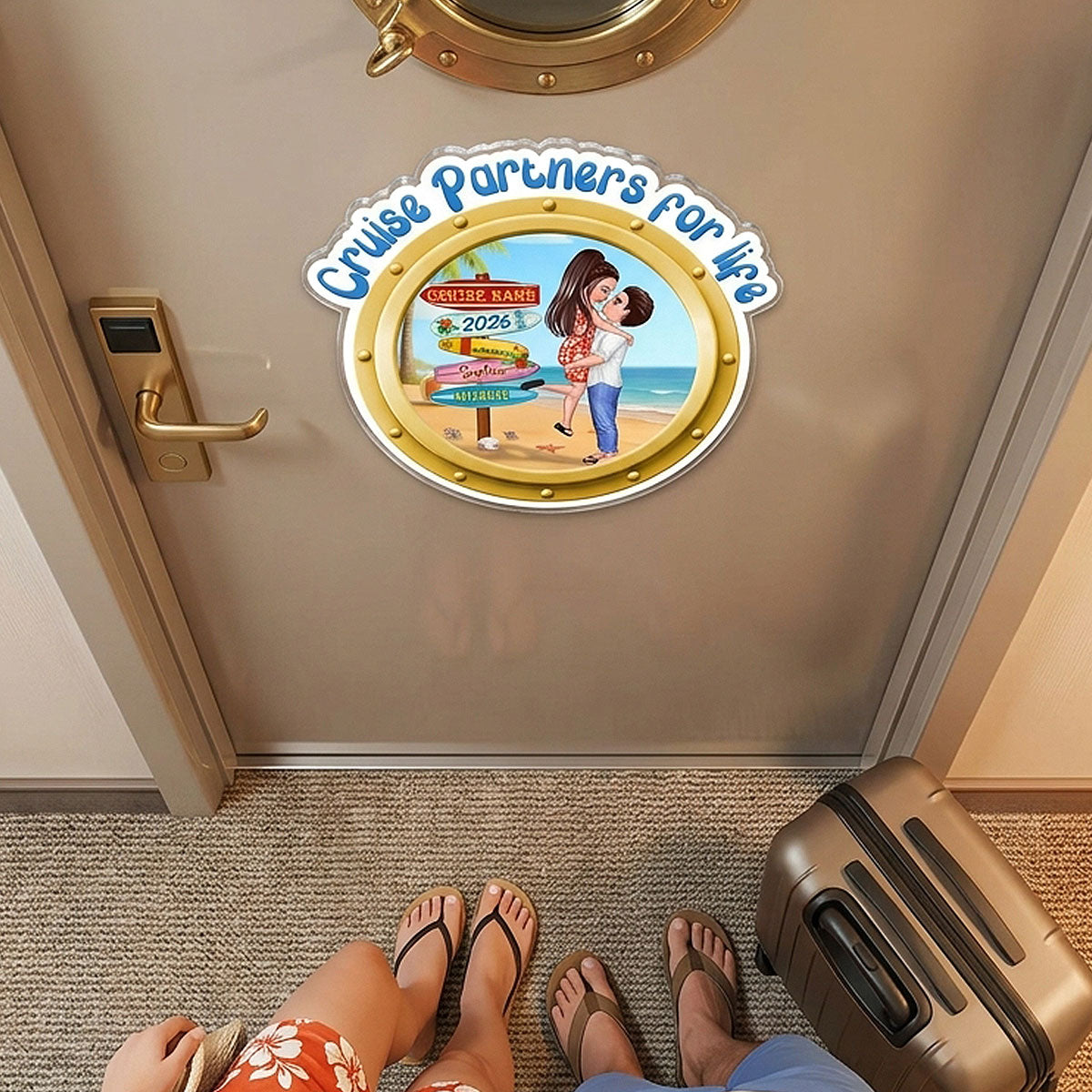 Cruise Partners For Life Porthole Doll Couple Hugging Kissing At Beach - Personalized Cruise Ship Door Magnet