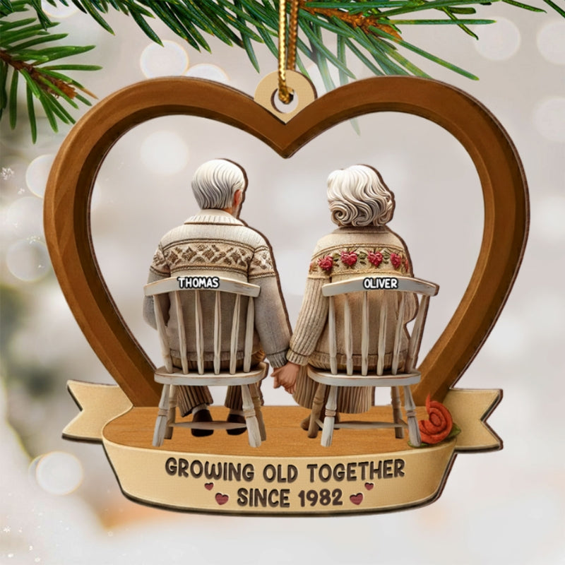 3D Back View Old Couple Growing Old Together - Personalized Wooden Ornament