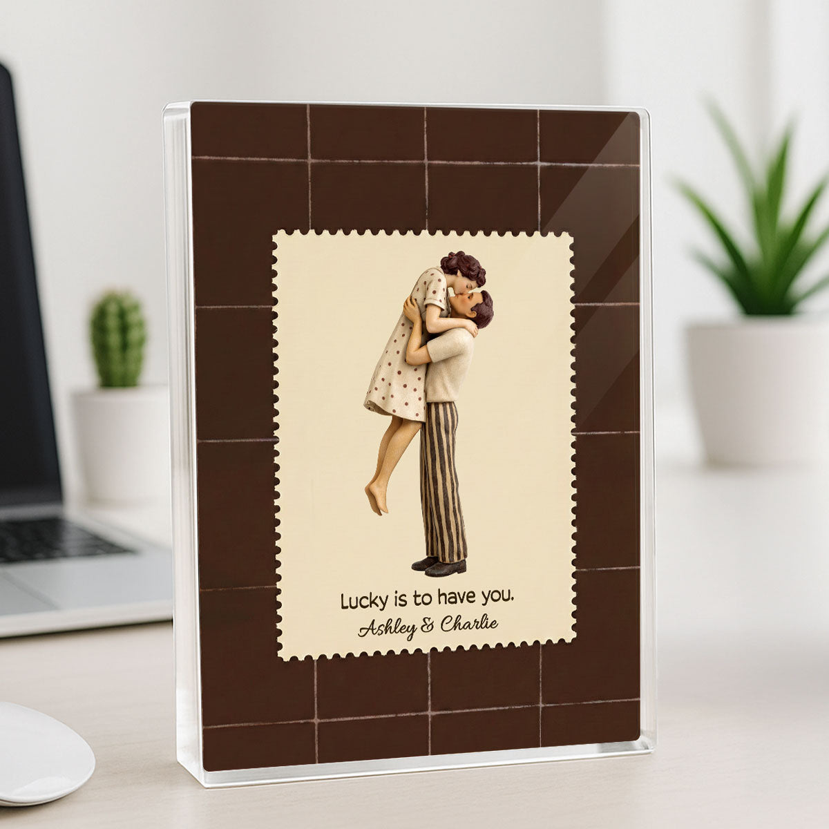 Lucky Is To Have You Mid-Century Couple - Personalized Acrylic Block Plaque - Anniversary, Valentine's Day Gift, Gift For Him, Gift For Her