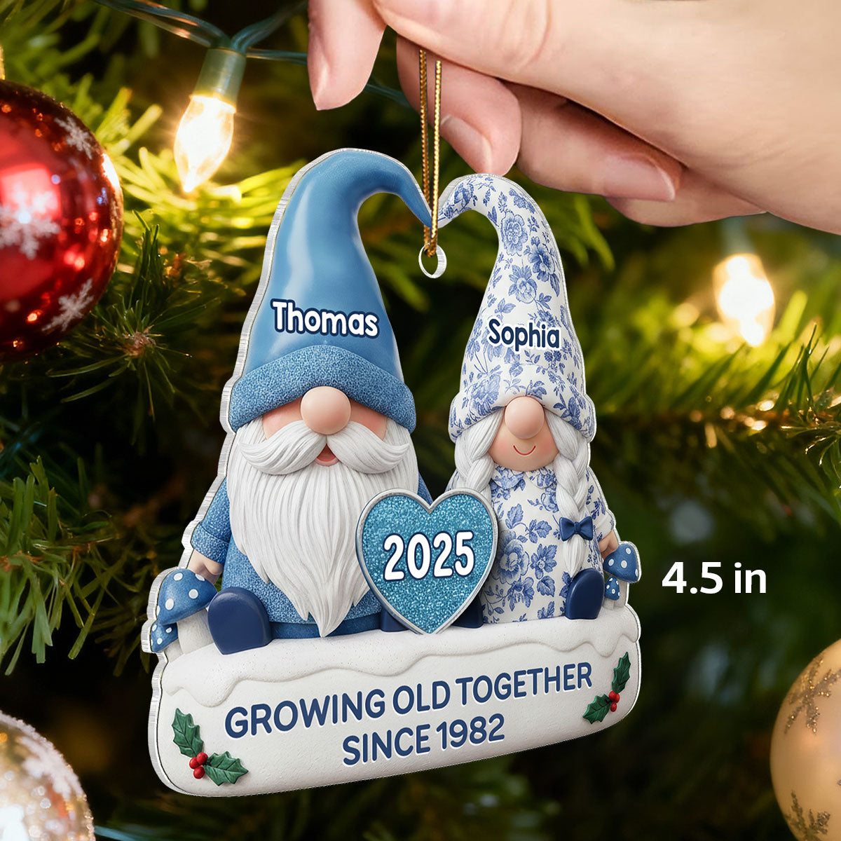 3D Effect Vintage Floral Toile De Jouy Pattern Gnome Couple - Personalized Acrylic Ornament