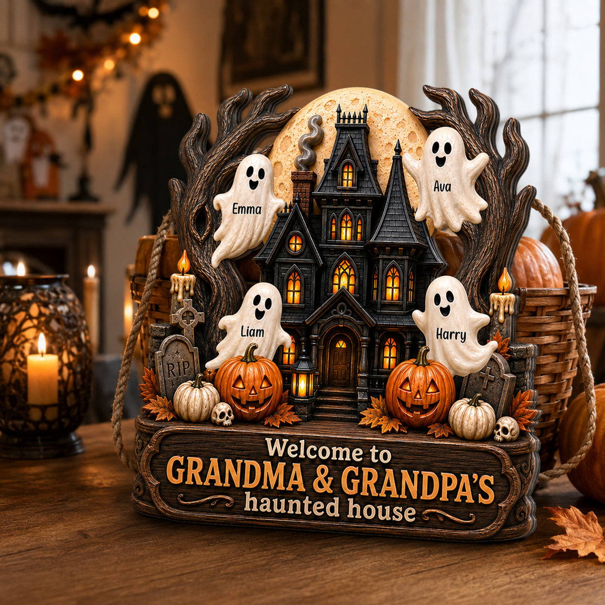 Grandma Grandpa's Halloween Haunted House - Personalized Door Sign - Halloween Decor for Grandparents