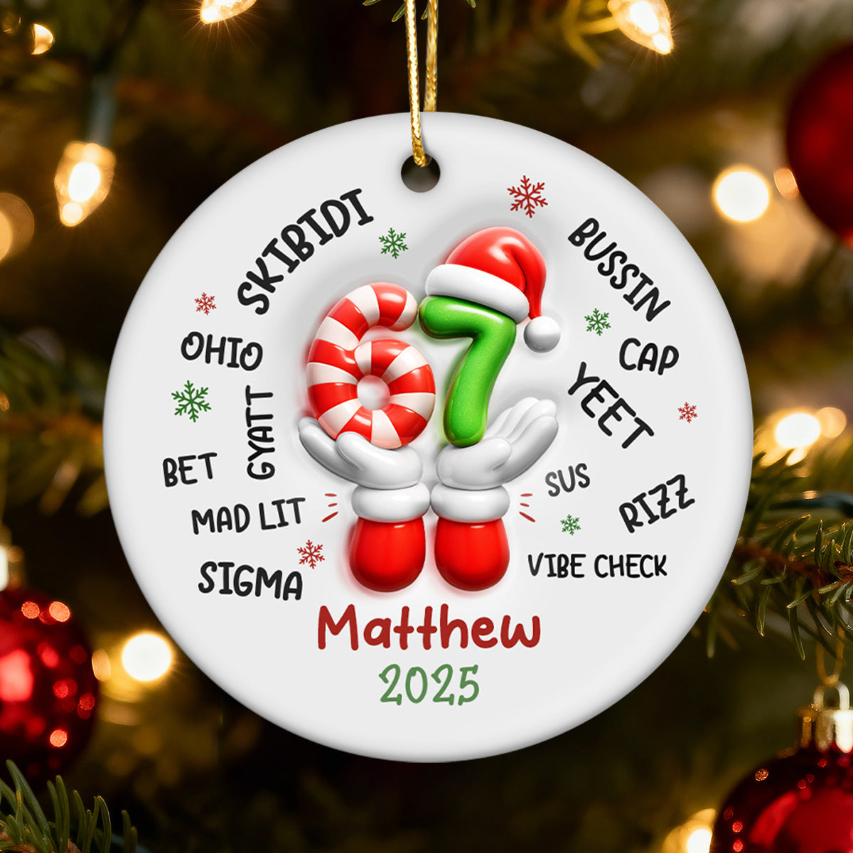 Custom Name Kid Slang Six Seven 3D Effect - Personalized Ceramic Ornament - 2025 Slang, Funny Teen Grandkid, Gen Alpha Christmas Gift