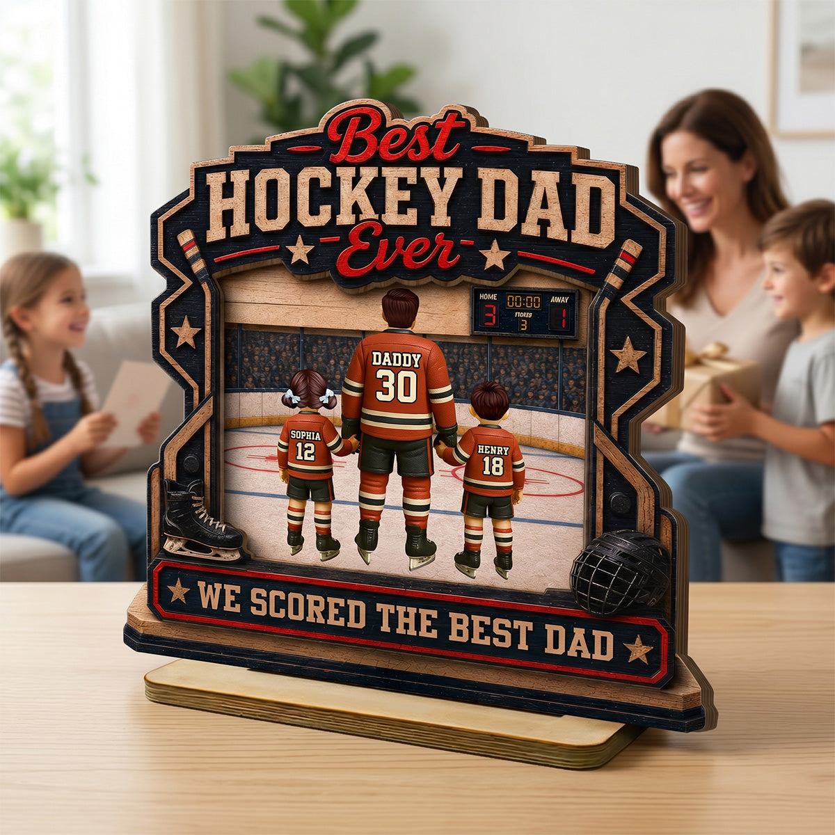 We Scored The Best Dad Hockey Dad & Kids - Personalized 2-Layered Wooden Plaque -  Gift For Hockey Dad
