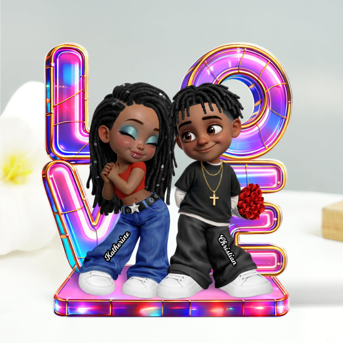 Holographic Love Y2K Couple - Personalized Acrylic Block Plaque - Valentine's Day Gift for Her, for Him