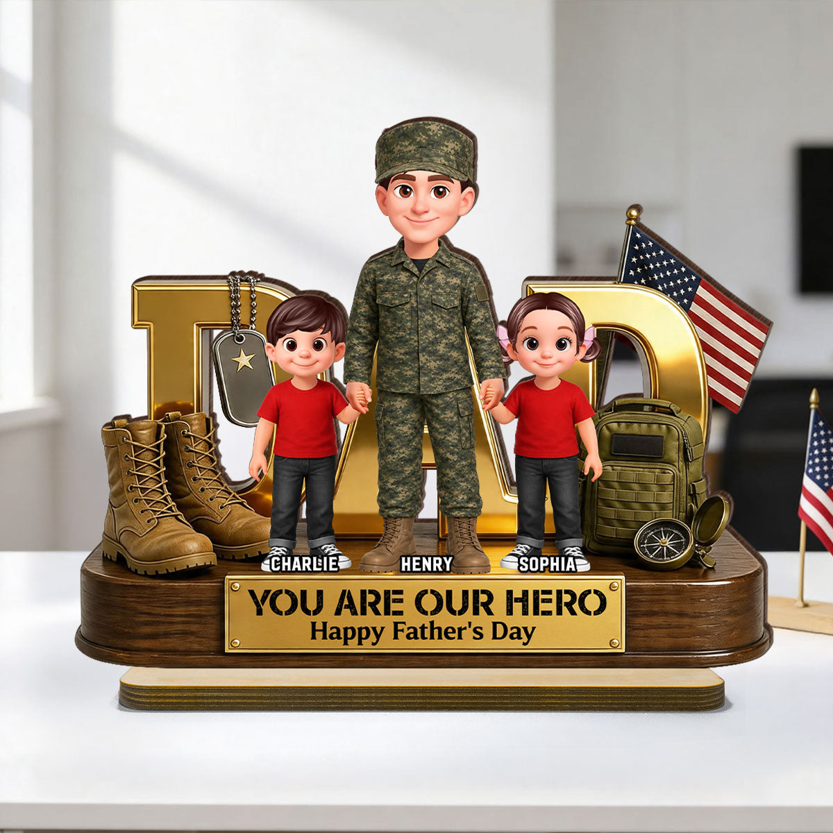 Proud American Millitary Dad - Personalized 2-Layered Wooden Plaque -  Gift For Dad, Husband