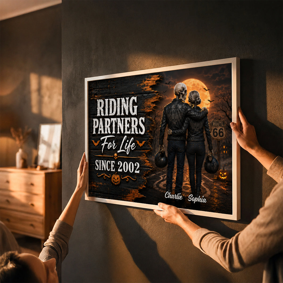 Skeleton Biker Couple Riding Partners For Life - Personalized Poster - Halloween Decor Gift, Gift For Couple