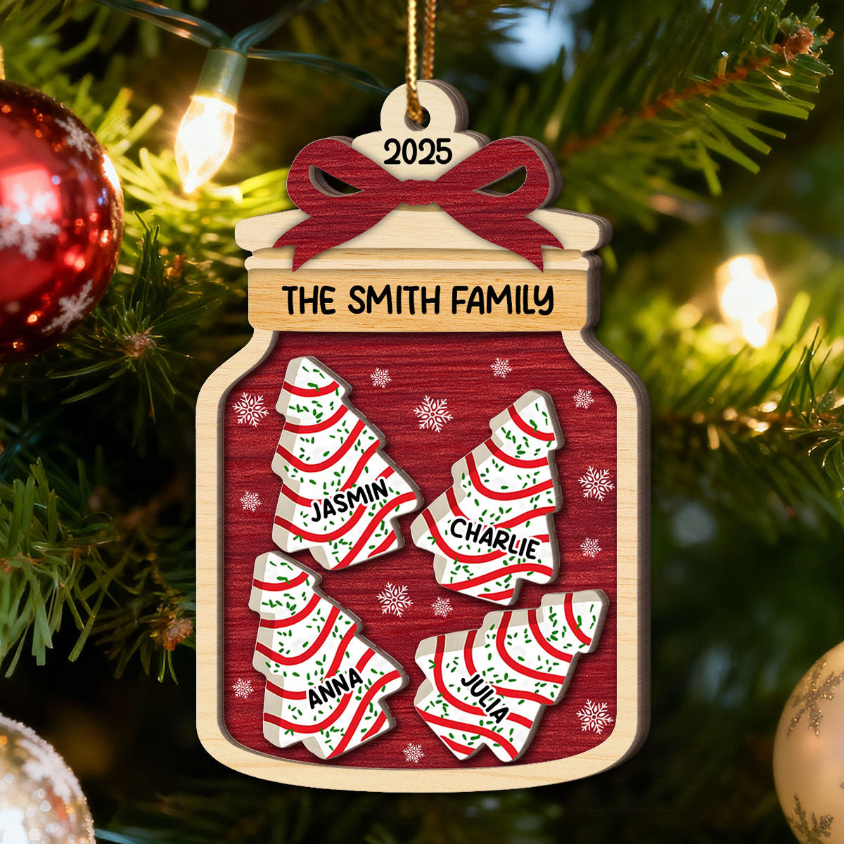 3D Effect Festive Christmas Family Mason Jar Christmas Tree Cakes - Personalized 2-Layered Wooden Ornament