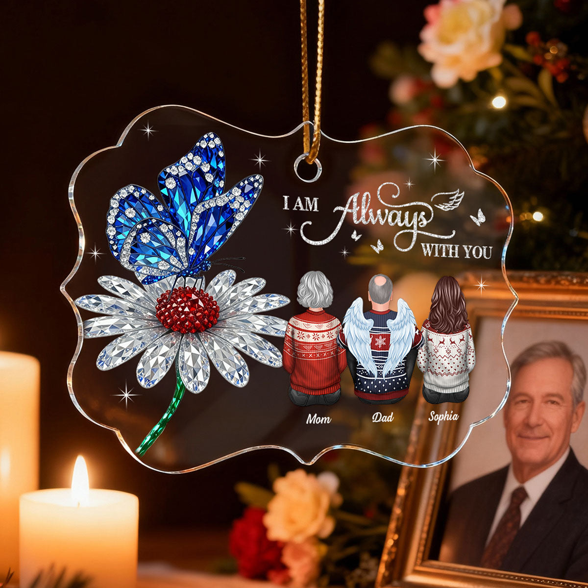 3D Crystal Effect Daisy Butterfly Always With You Family Memorial - Personalized Acrylic Ornament - Remembrance Gift, Sympathy Gift