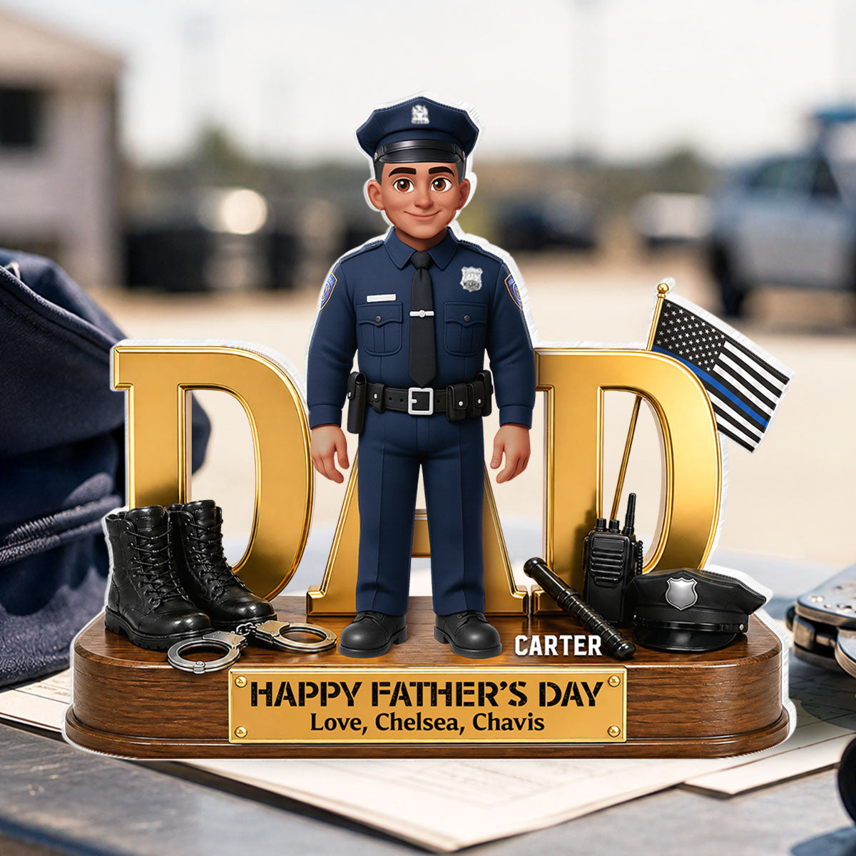 Proud American Police Dad You Are Our Hero Thin Blue Line 2D Flat - Personalized Acrylic Block Plaque -  Gift For Dad