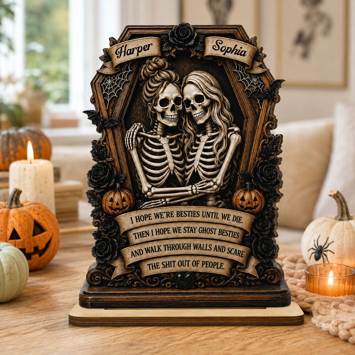 Skeleton Besties In Coffin Friends Until We Die 2D Flat - Personalized 2-Layered Wooden Plaque - Funny Work Bestie Gift, Halloween Keepsake For Best Friends