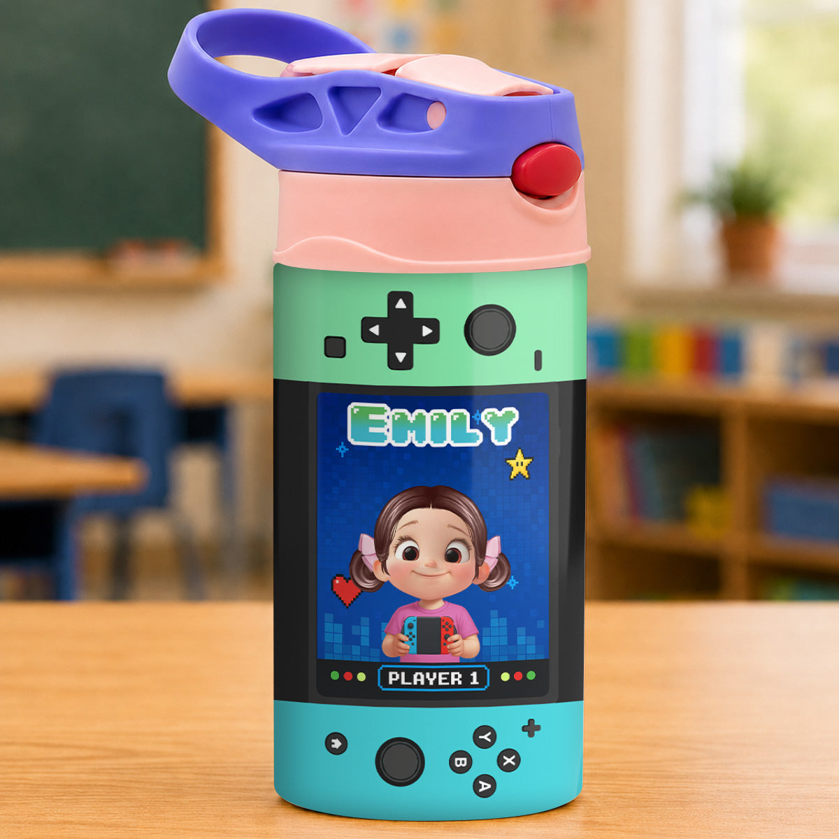 Gaming Controller Theme Cute Gamer Kid - Personalized Kid Insulated Water Bottle - Stainless Steel Toddler Cups with Straws, BPA Free, Leak-Proof