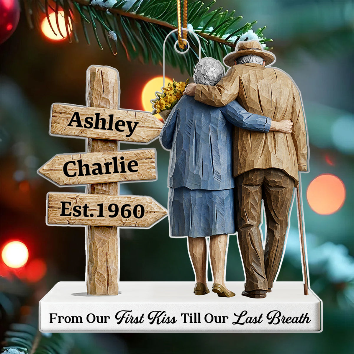 3D Effect Wooden Old Couple Sign Post - Personalized Acrylic Ornament - Heartwarming Christmas Gift For Him, For Her, For Couple