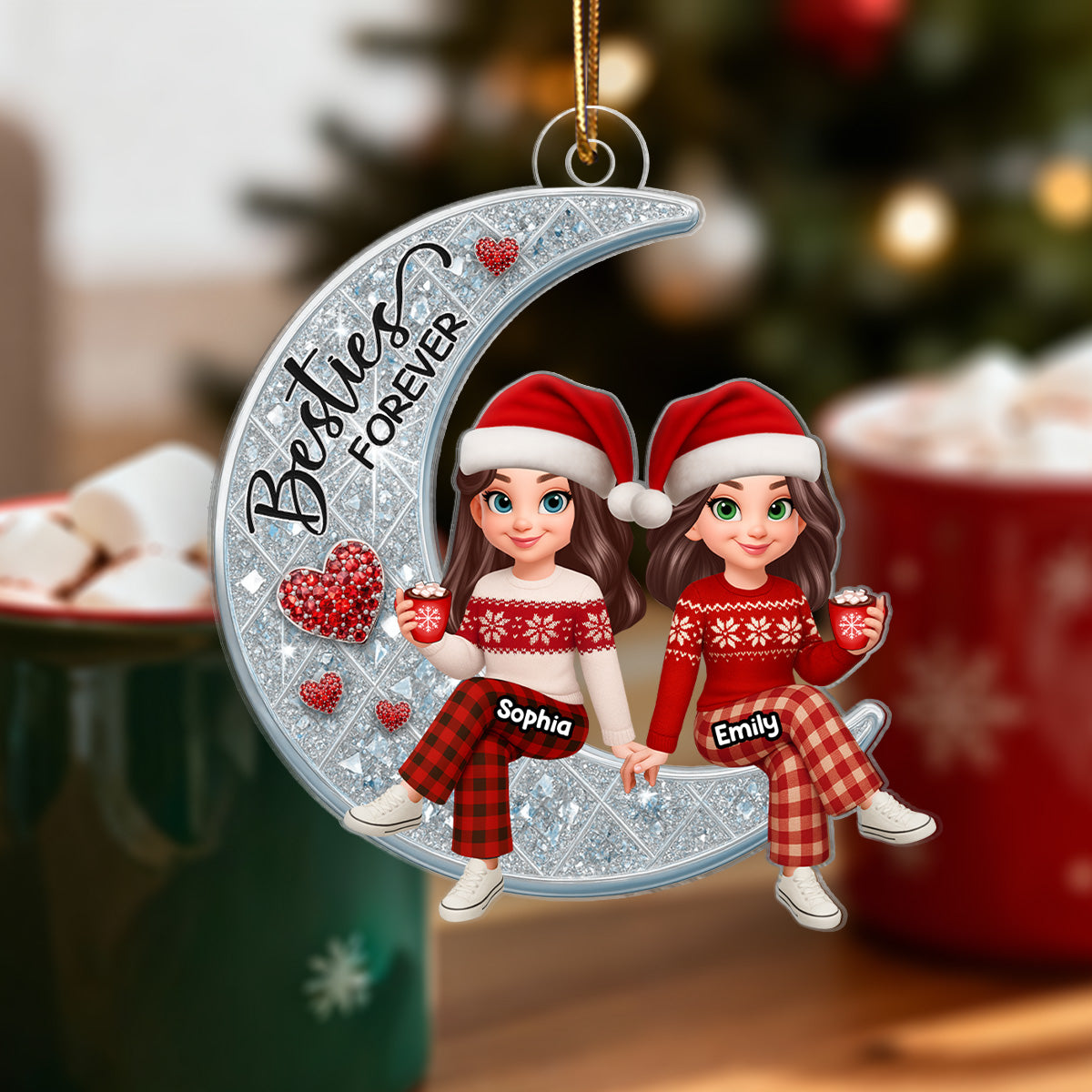 3D Shinning Effect Besties Forever On Moon - Personalized Acrylic Ornament