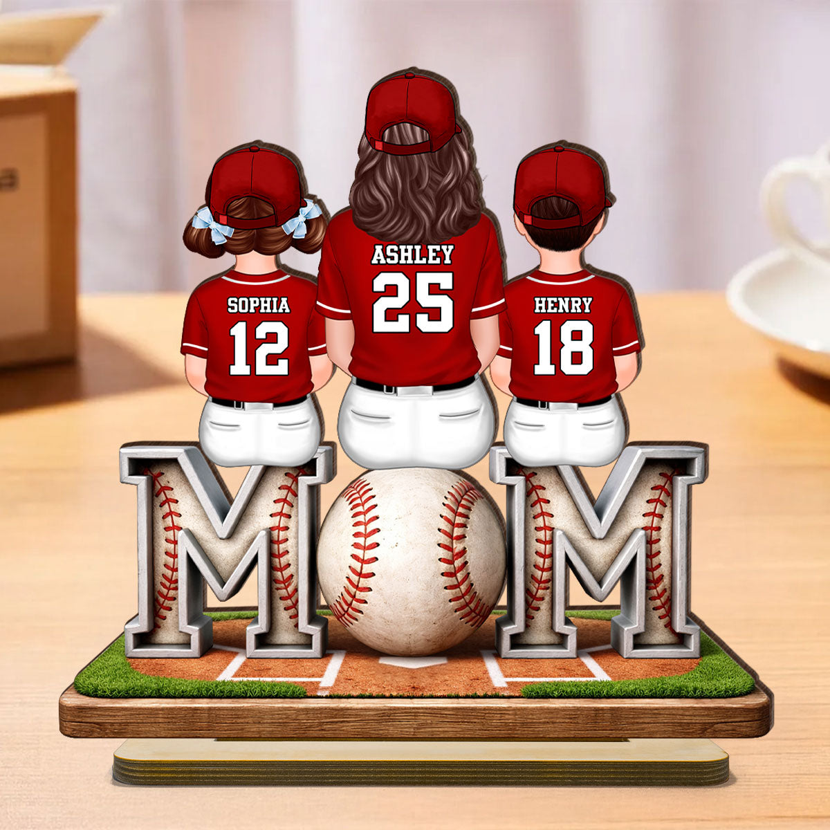 Baseball Mom And Kids Sitting - Personalized 2-Layered Wooden Plaque - Gift For Baseball Mom