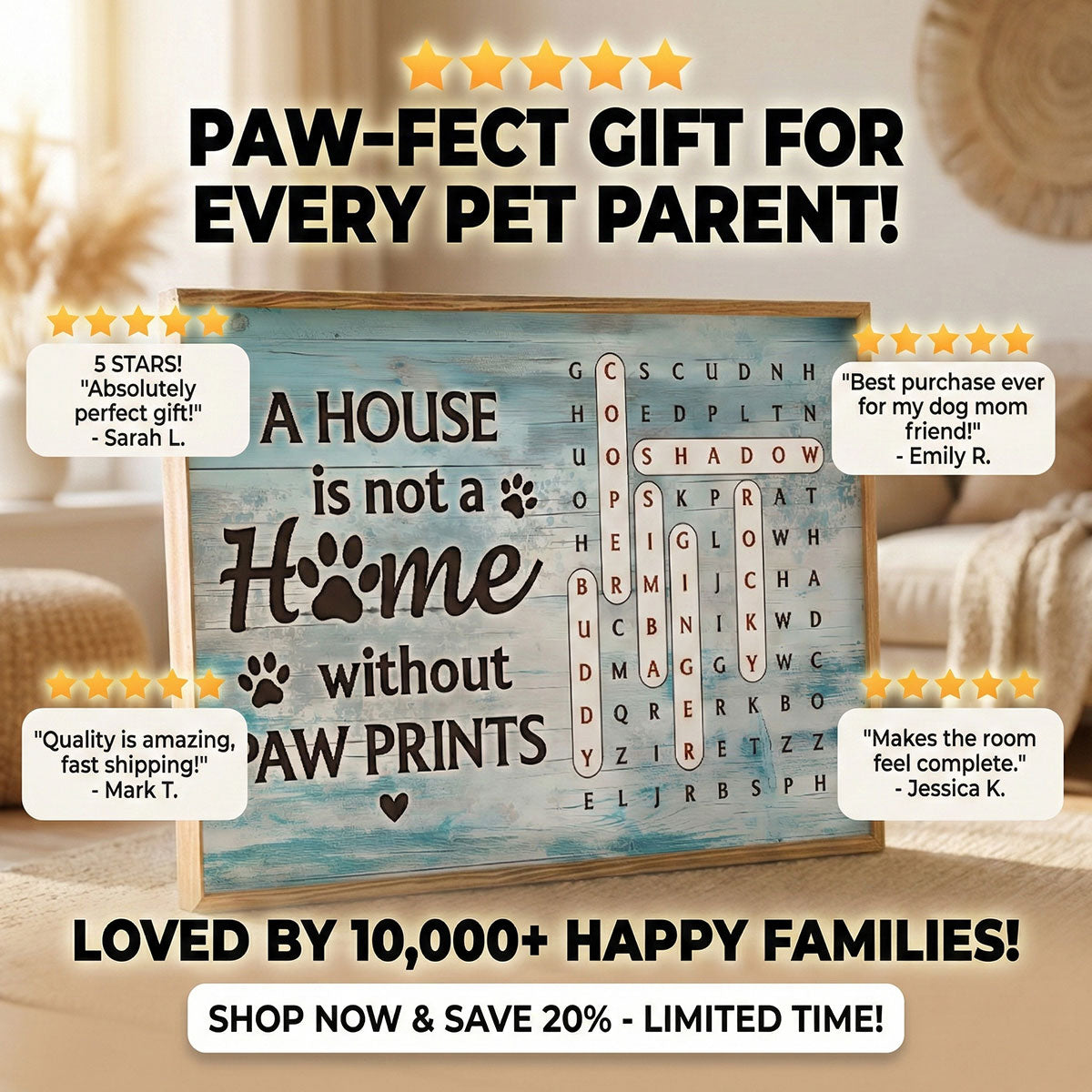 Home With Paw Prints Pet Name Word Search Puzzle - Personalized Poster