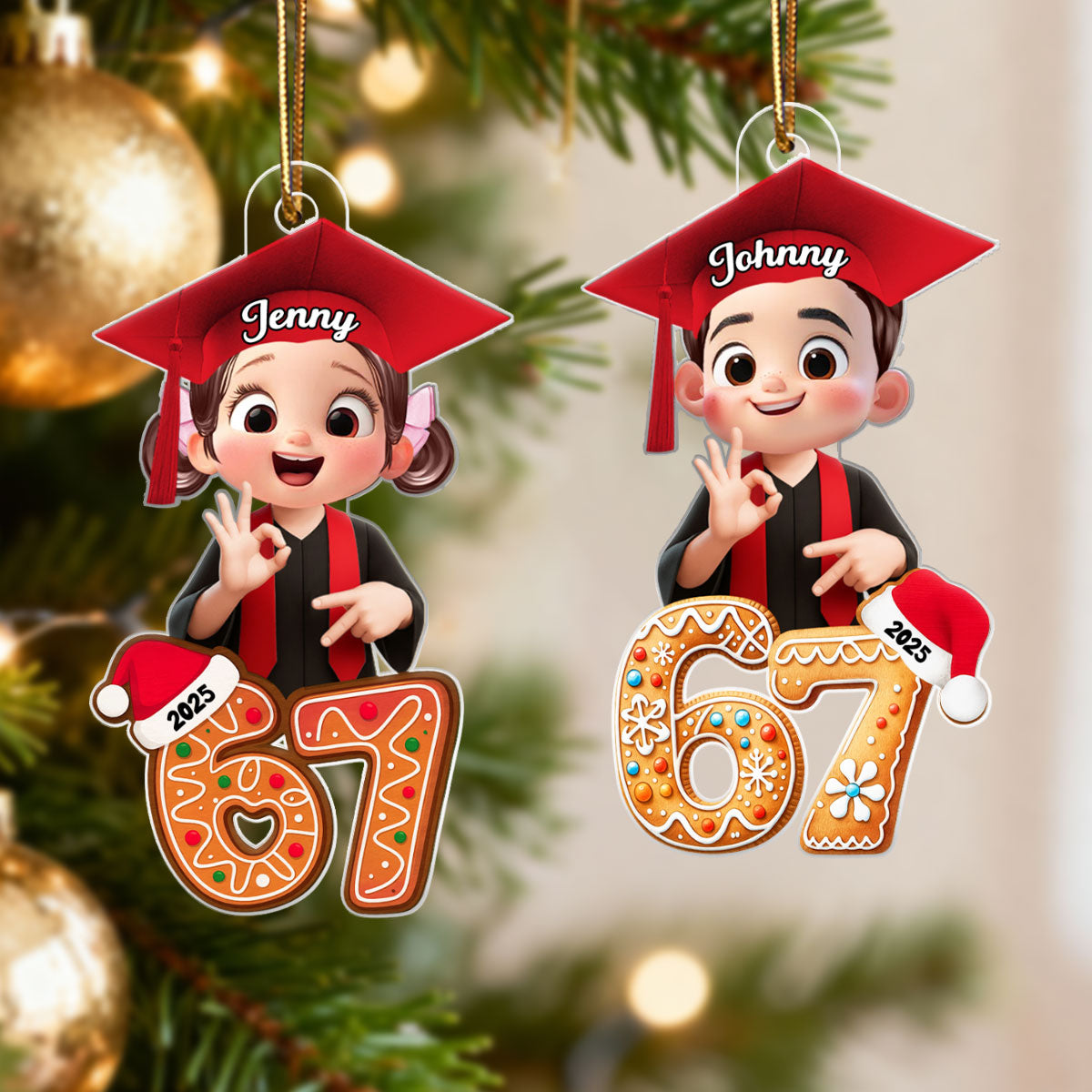 Christmas Pattern Senior Custom Six Seven 67 - Personalized Acrylic Ornament - Teen Slang Funny Tree Decor, Funny Teen Grandkid Gift