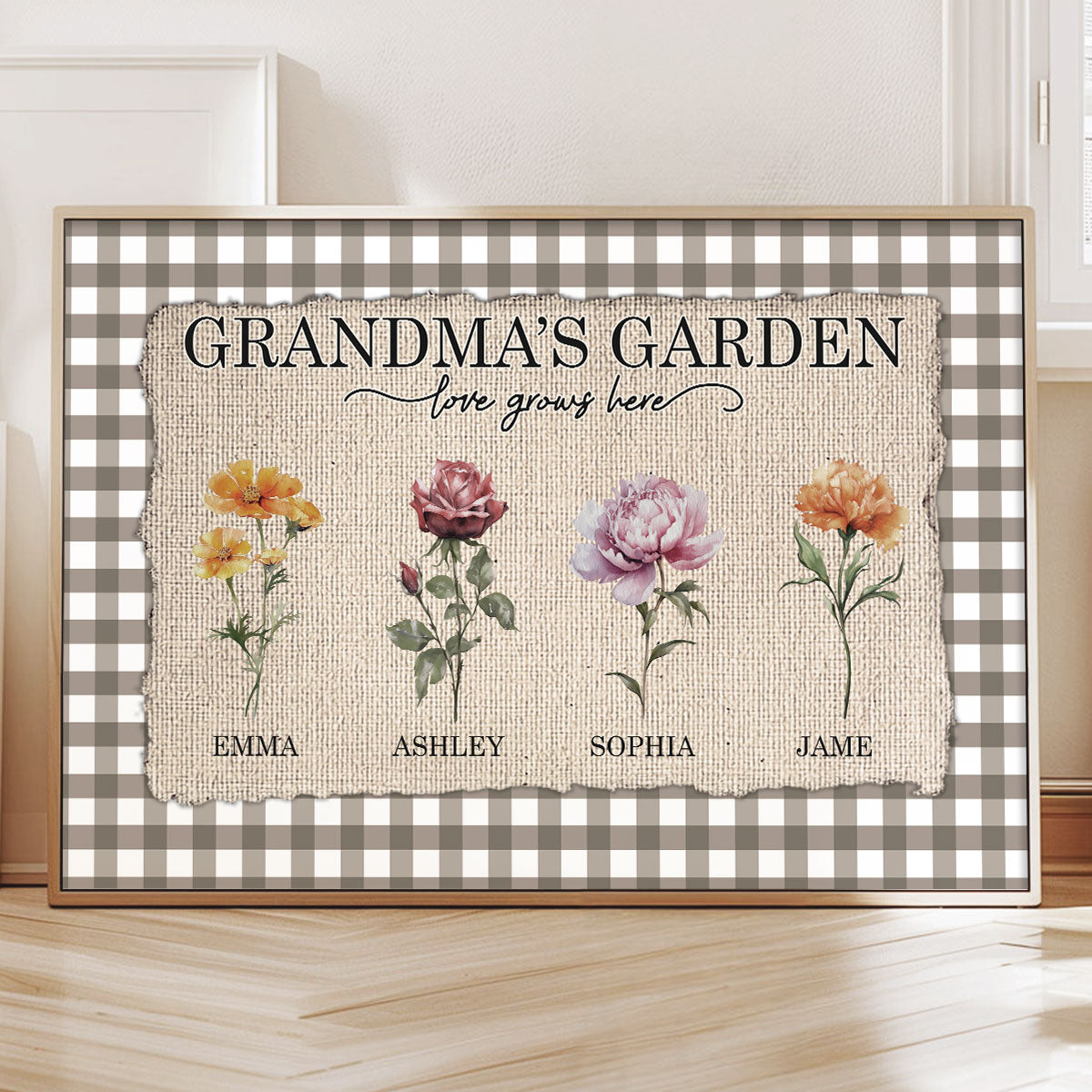 Gingham Pattern Grandma's Garden Birth Month Flowers - Personalized Poster - Mother's Day Gift For Grandma, Mom