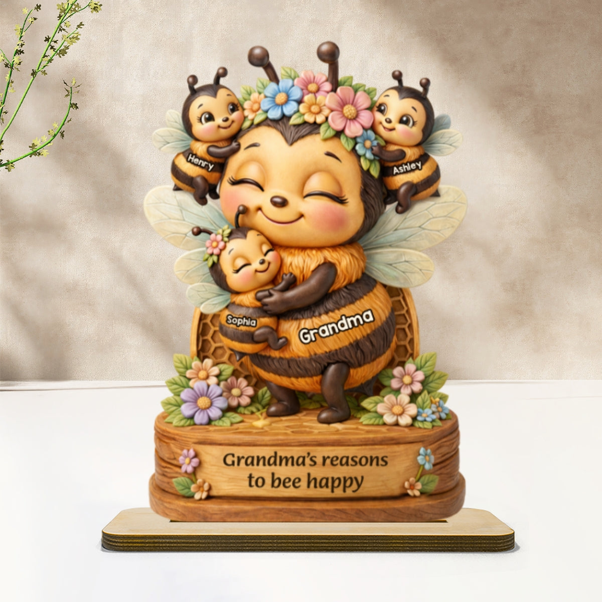 Grandma Mom's Reasons to Bee Happy - Personalized 2-Layered Wooden Plaque - Mother's Day Gift for Grandma, Mom