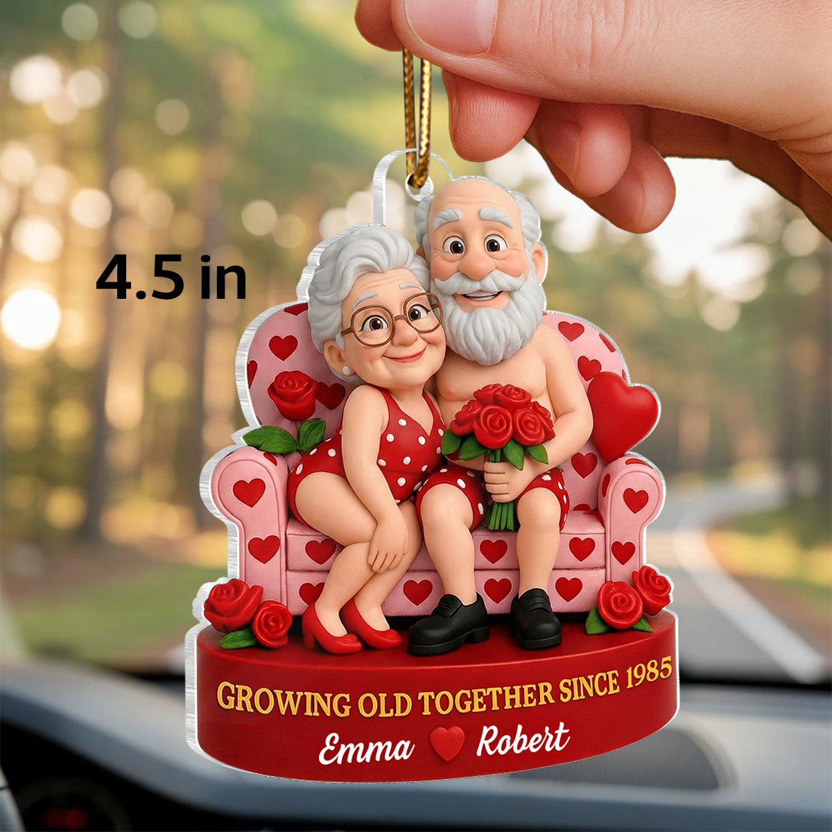 Funny Old Couple Growing Old Together - Personalized Acrylic Car Hanger - Valentine's Day Gift for him, for her