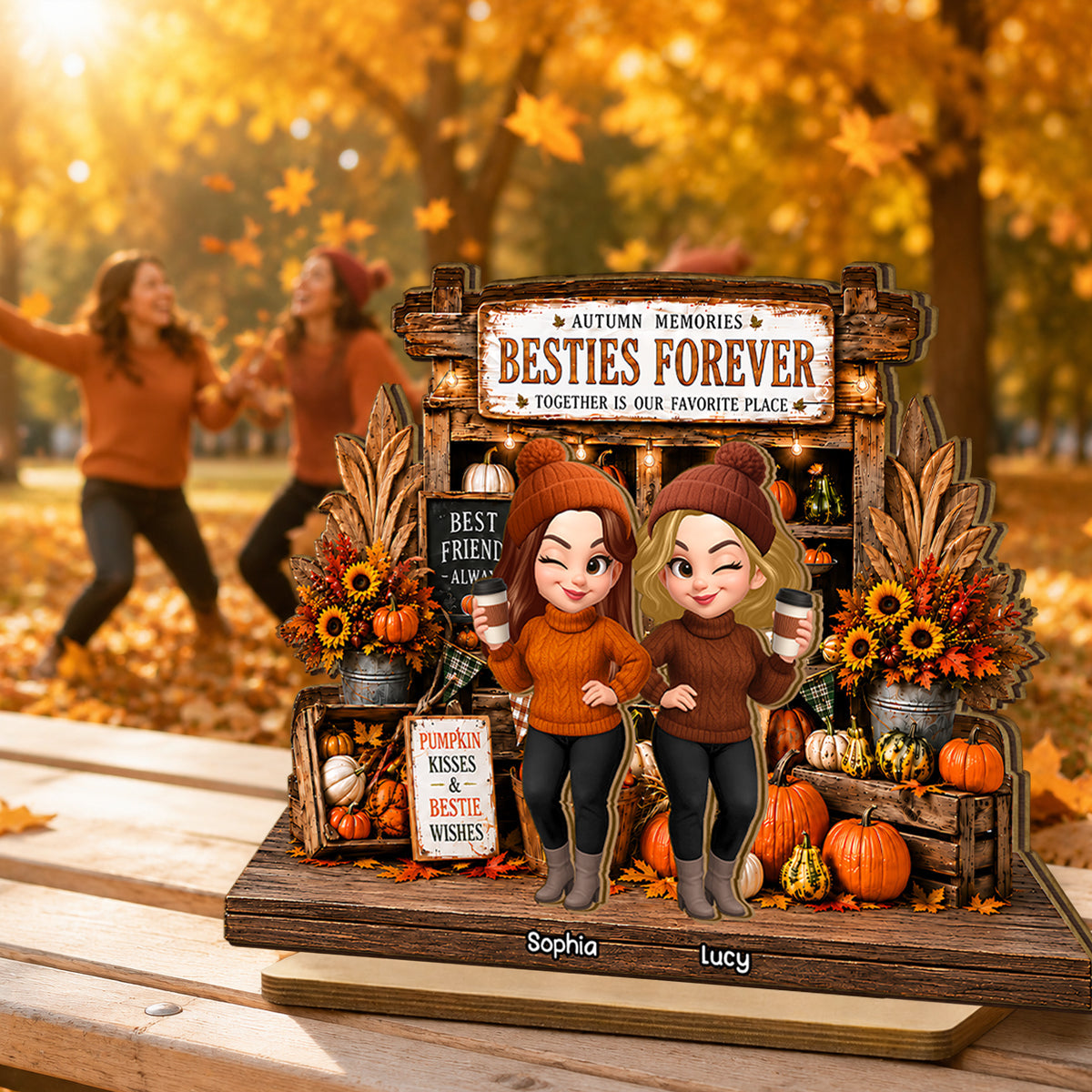 Rustic Pumpkin Patch Farm Besties - Personalized 2-Layered Wooden Plaque - Fall Season Gift For Besties