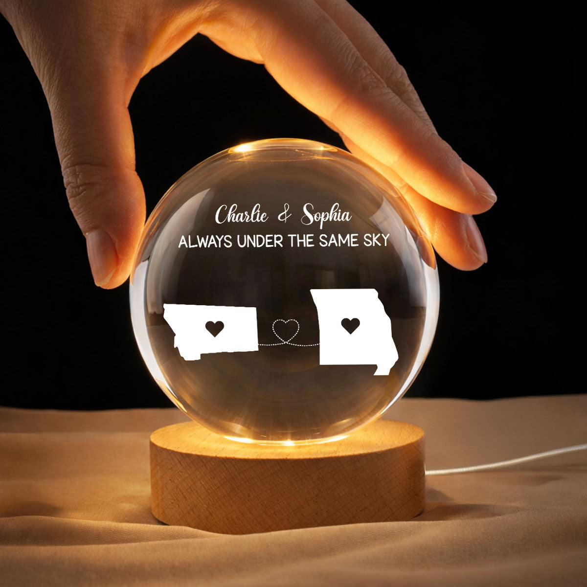 Long Distance Couple State Maps - Personalized Crystal Ball LED Night Light - Anniversary, Valentine's Day Gift, Gift For Him, Gift For Her