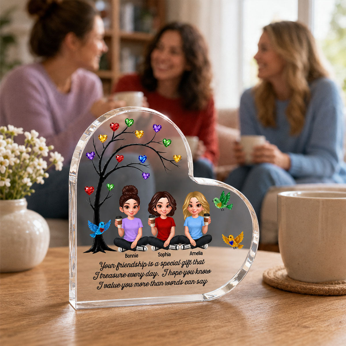 Besties Sisters Colorful Stone Tree - Personalized Heart Acrylic Block - Gift For Besties, Sisters, Best Friends