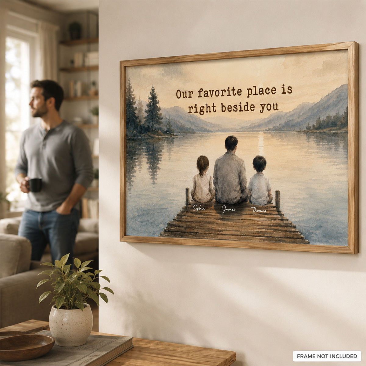 Peaceful Lakeside Dad And Kids Watercolor Style - Personalized Poster