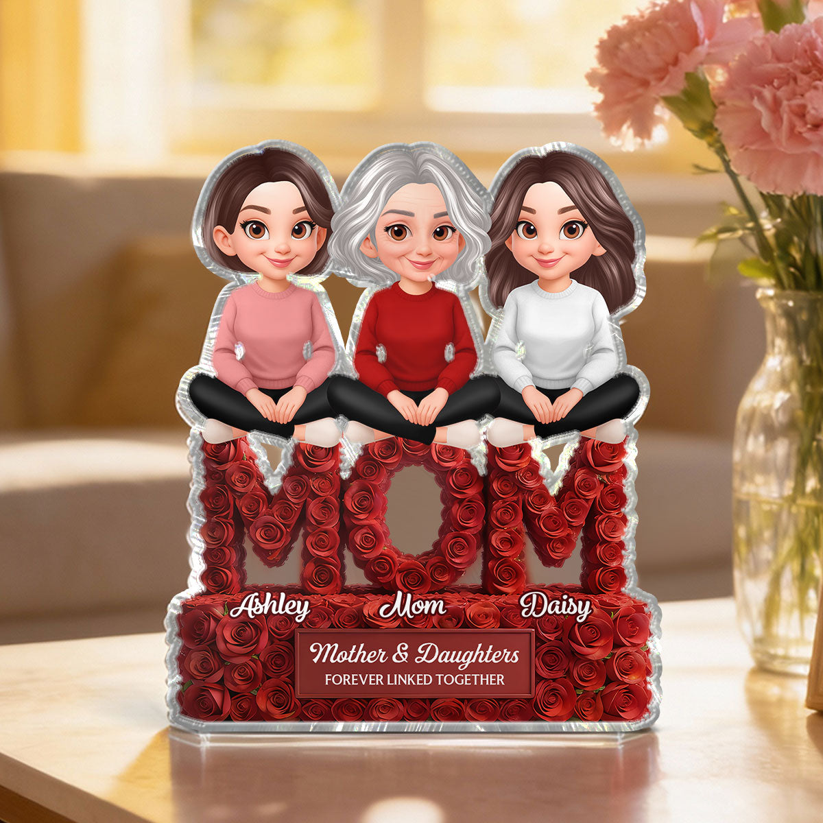Roses MOM And Daughters Sons - Personalized Acrylic Block Plaque - Gift For Mom