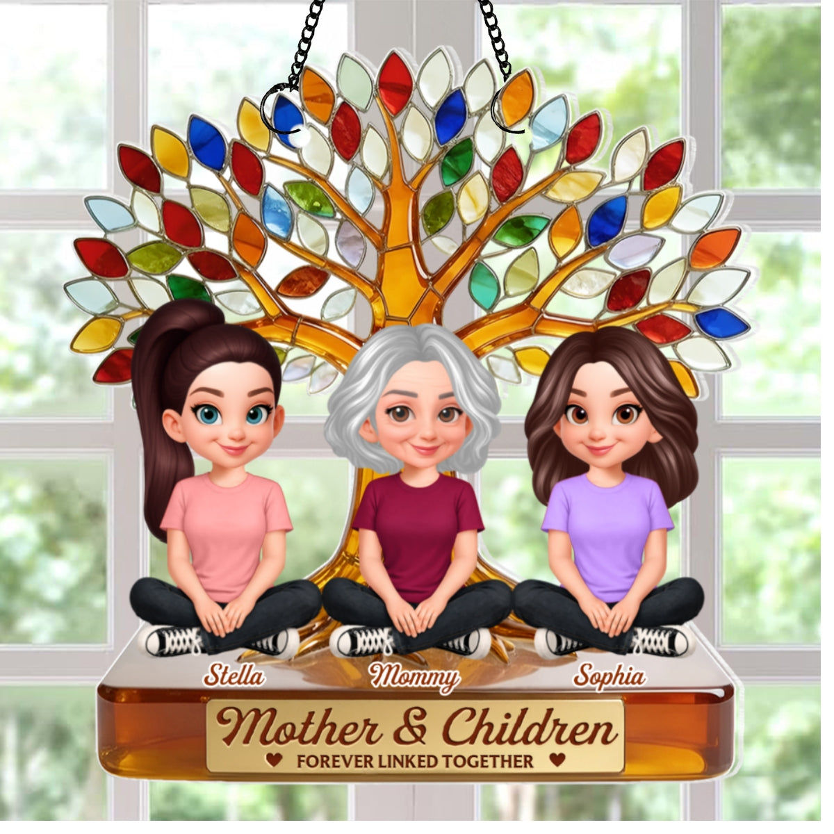 Mom And Son Daughter Under Colorful Tree Of Life - Personalized Suncatcher Ornament - Gift For Mom