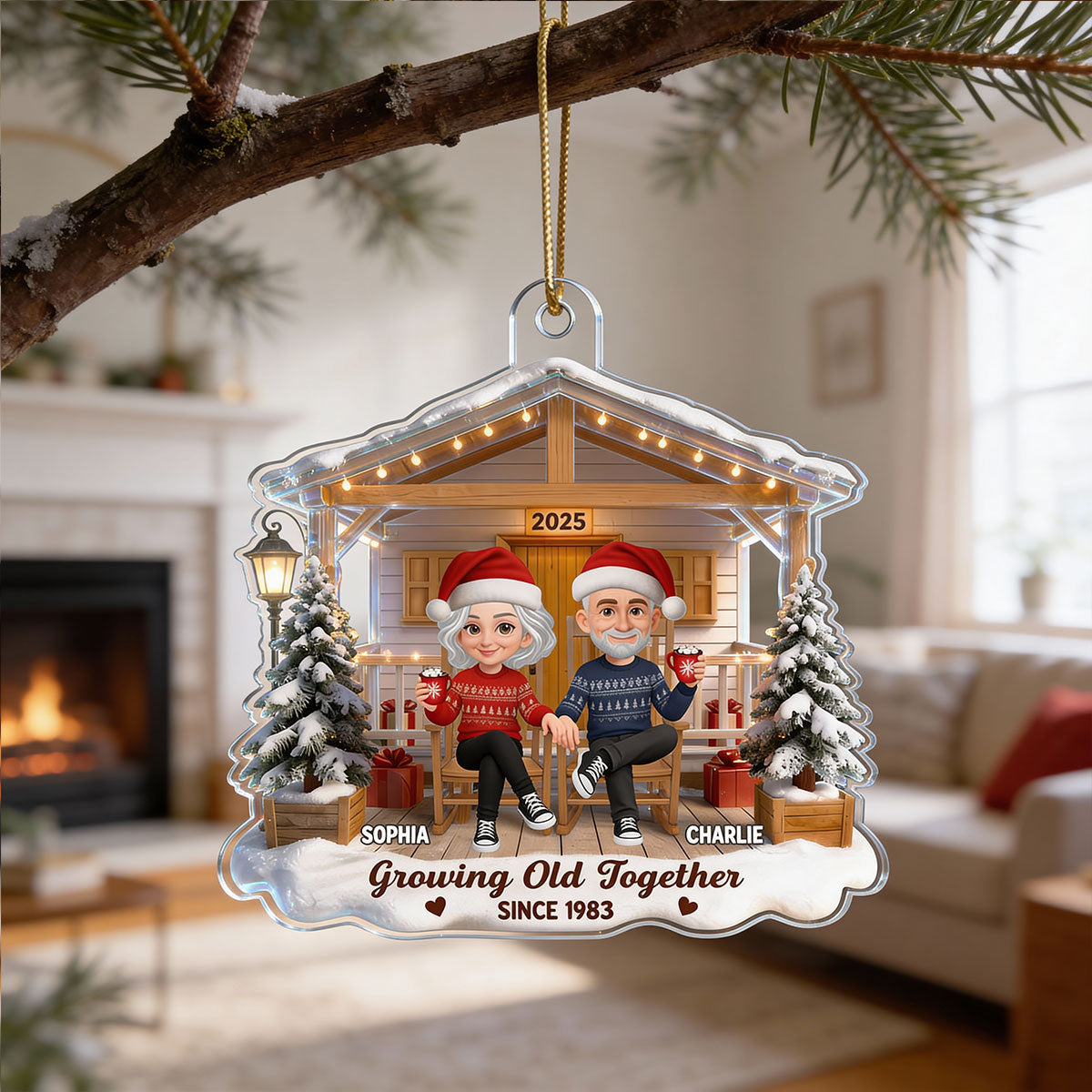 3D Effect Nostalgia Eternal Love Couple On Front Porch - Personalized Acrylic Ornament - Gift For Couple, For Him, For Her, Farmhouse Decor