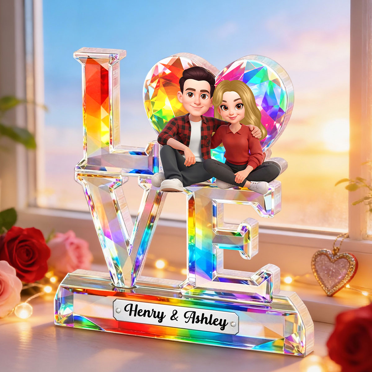 Love Couple Valentine Crystal Pattern - Personalized Acrylic Block Plaque - Anniversary, Valentine's Day Gift, Gift For Him, Gift For Her
