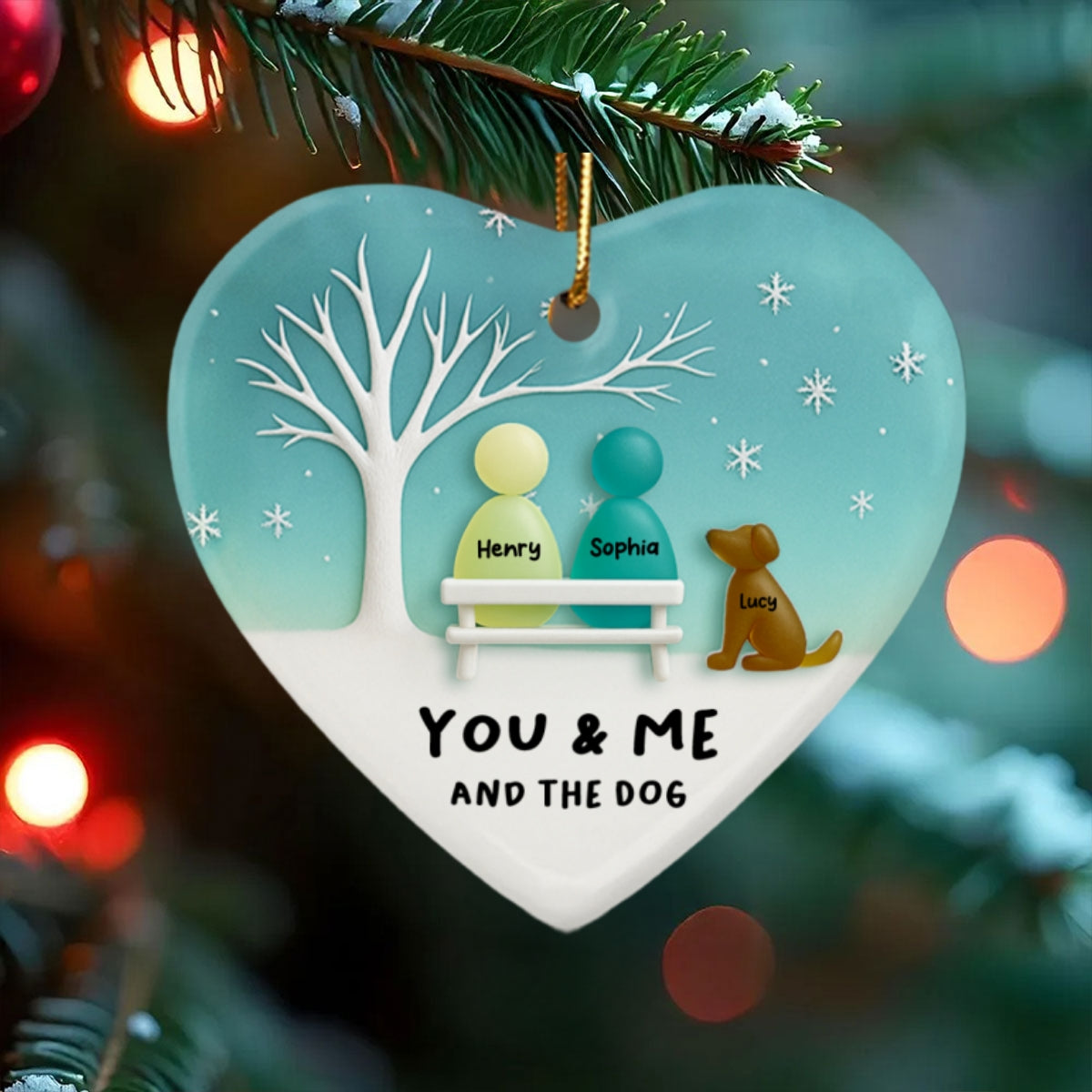 3D Effect Sea Glass Couple & the Dogs - Personalized Ceramic Ornament with Acrylic - Christmas Gift for him, Gift for her