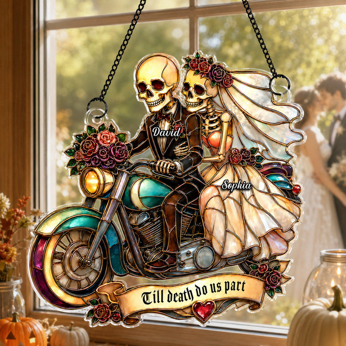 Just Married Skeleton Couple Halloween - Personalized Acrylic Window Hanging - Halloween Decor Gift, Gift For Couple