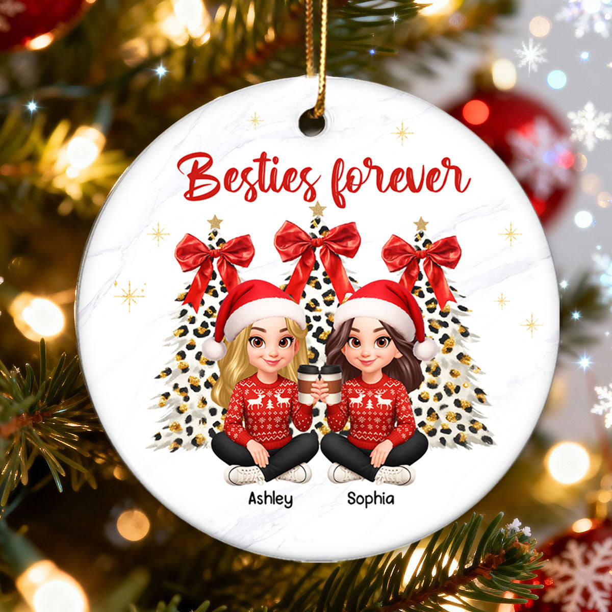 Besties Forever Leopard Coquette Christmas Tree - Personalized Ceramic Ornament