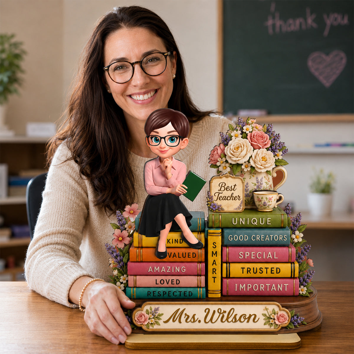 Floral Books Teacher - Personalized 2-Layered Wooden Plaque - Back To School Gift For Teachers Appreciation, Teacher Desk Name