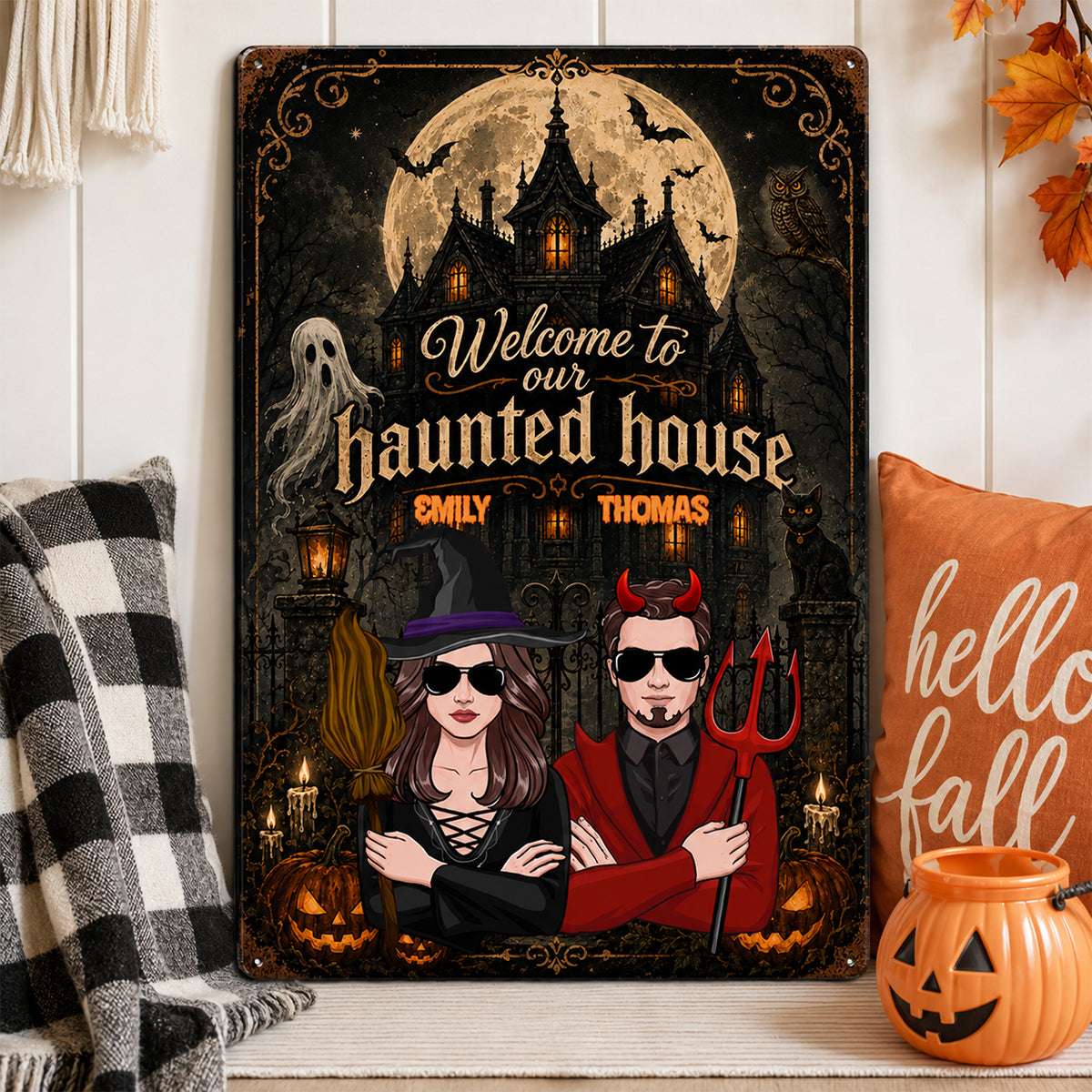 Welcome to Our Haunted House - Personalized Metal Sign - Halloween Decor for Couples