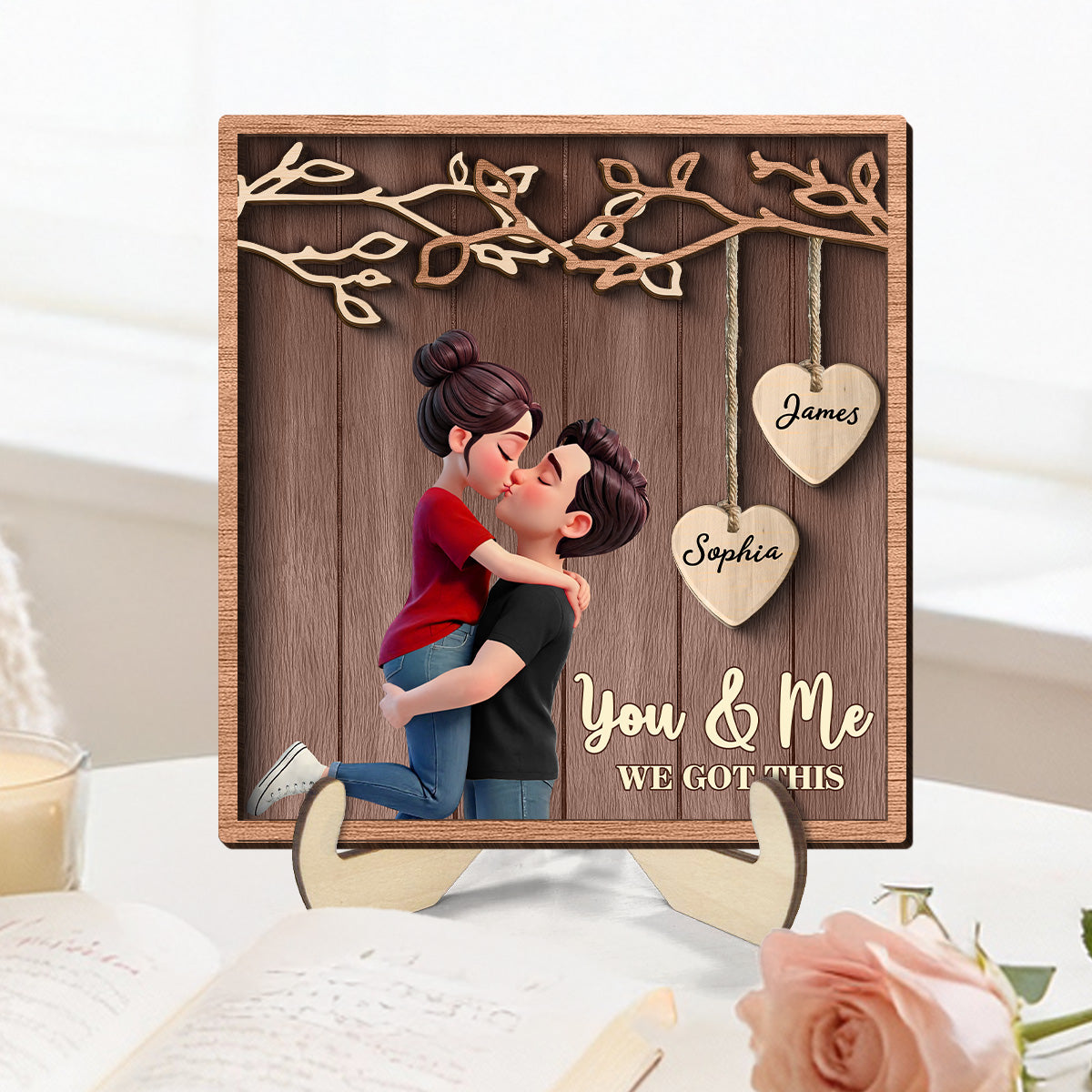 Couple Hugging Kissing Under Eternal Tree Of Love - Personalized 2-Layered Wooden Plaque - Gift For Couple