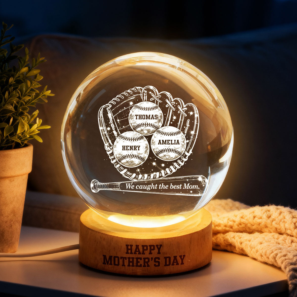 Happy Mother's Day Baseball Mom - Personalized Crystal Ball LED Night Light - Mother's Day Gift for Mom, Wife