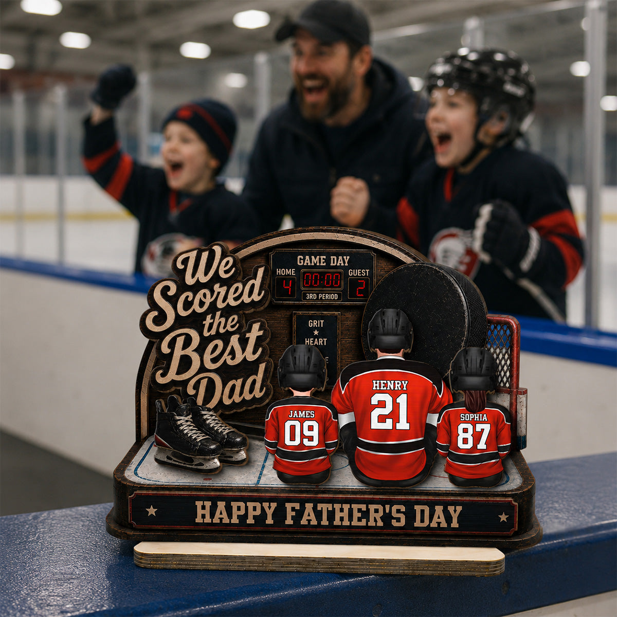 Hockey Dad & Kids Sitting On Court 2D Flat - Personalized 2-Layered Wooden Plaque -  Gift For Hockey Dad