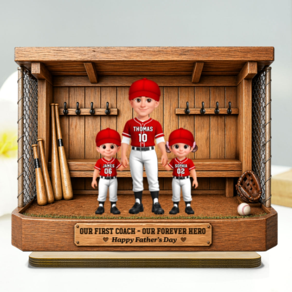 Baseball Dugout Dad And Kids We Caught The Best Dad - Personalized 2-Layered Wooden Plaque -  Gift For Dad