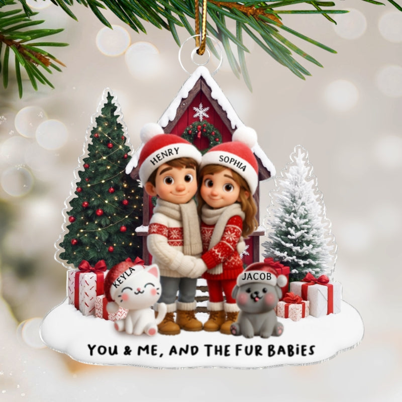Couple & Dogs Cats Farm House - Personalized Acrylic Ornament - Christmas Gift for him, Gift for her, Gift for Pet Lovers