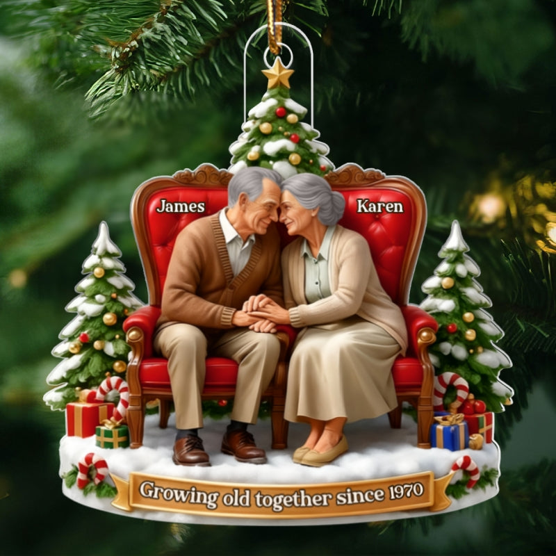 Old Couple Sitting Growing Old Together - Personalized Acrylic Ornament - Christmas Gift for him, Gift for her