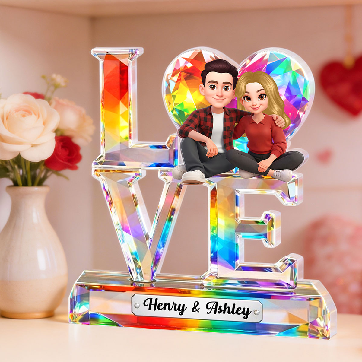 Love Couple Valentine Crystal Pattern - Personalized Acrylic Block Plaque - Anniversary, Valentine's Day Gift, Gift For Him, Gift For Her