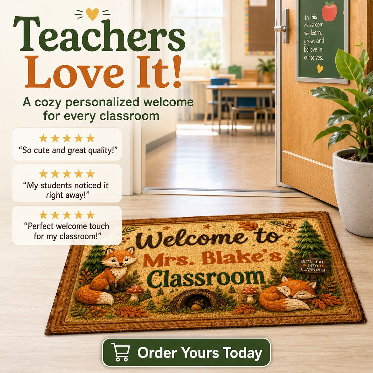 Woodland Animals Teacher Welcome - Personalized Doormat - Back To School Gift
