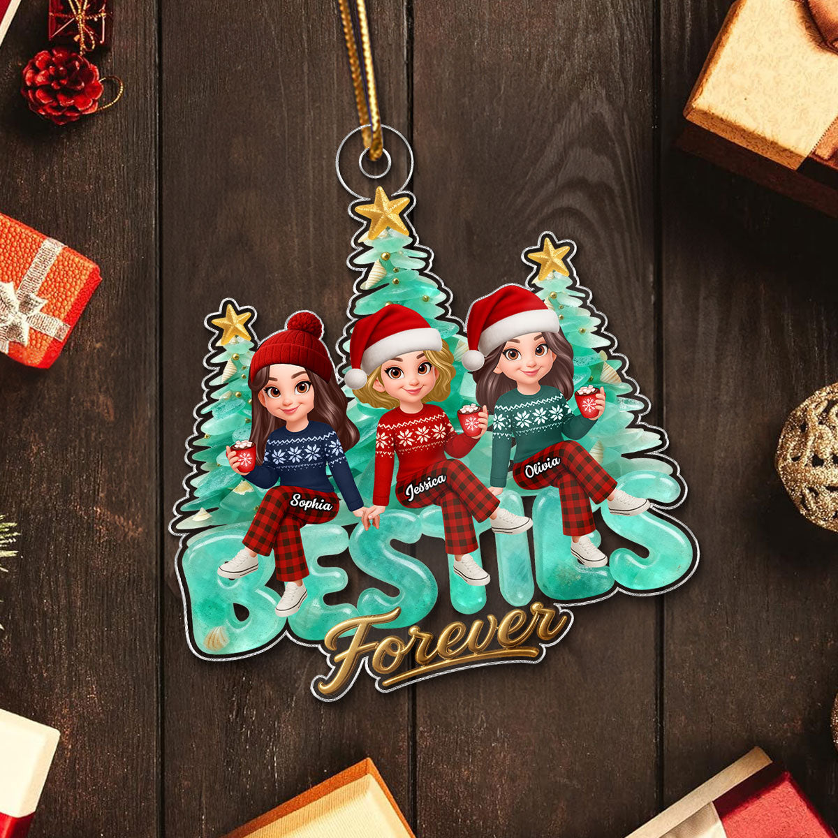 3D Sea Glass Effect Christmas Tree Besties Forever - Personalized Acrylic Ornament - Gift For Best Friends