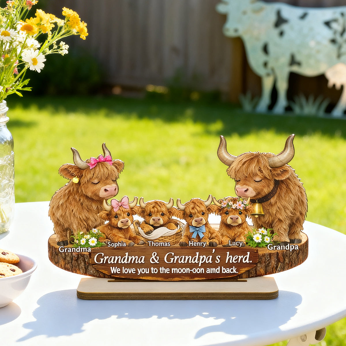 Grandma and Grandpa's Herd Highland Cow Family - Personalized 2-Layered Wooden Plaque - Gift for Grandma, Grandpa