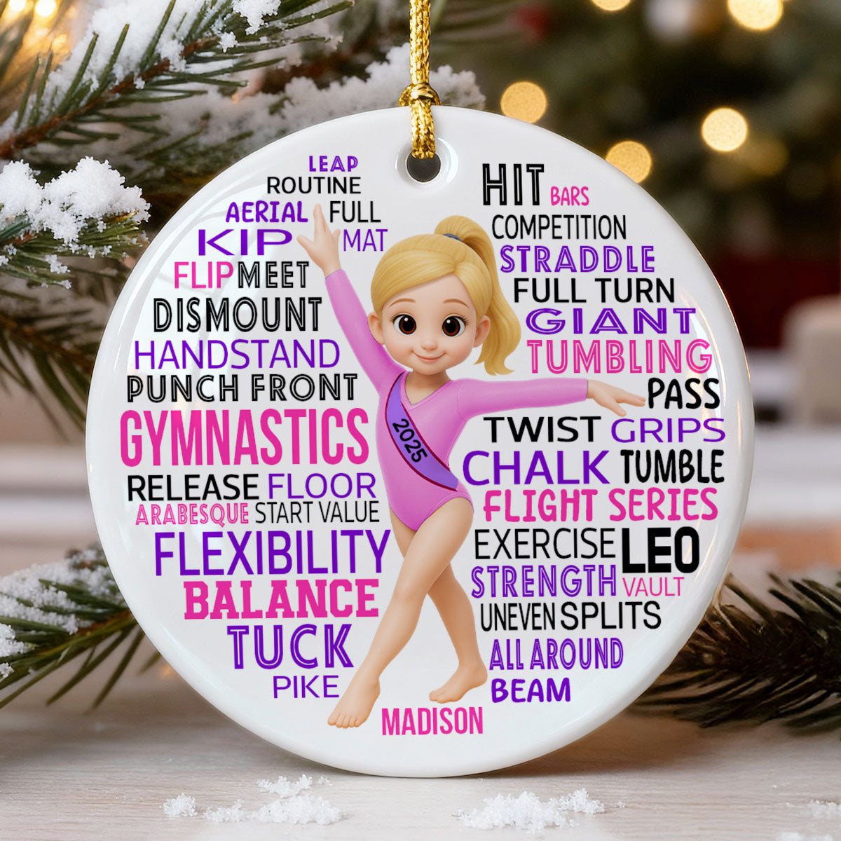 Typography Art Gymnastic Girl - Personalized Ceramic Ornament - Gymnast Gift For Daughter, Granddaughter
