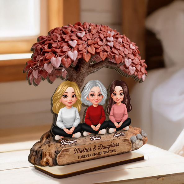 Mom And Daughter Son Under Heart Tree - Personalized 2-Layered Wooden Plaque - Mother's Day Gift For Mom