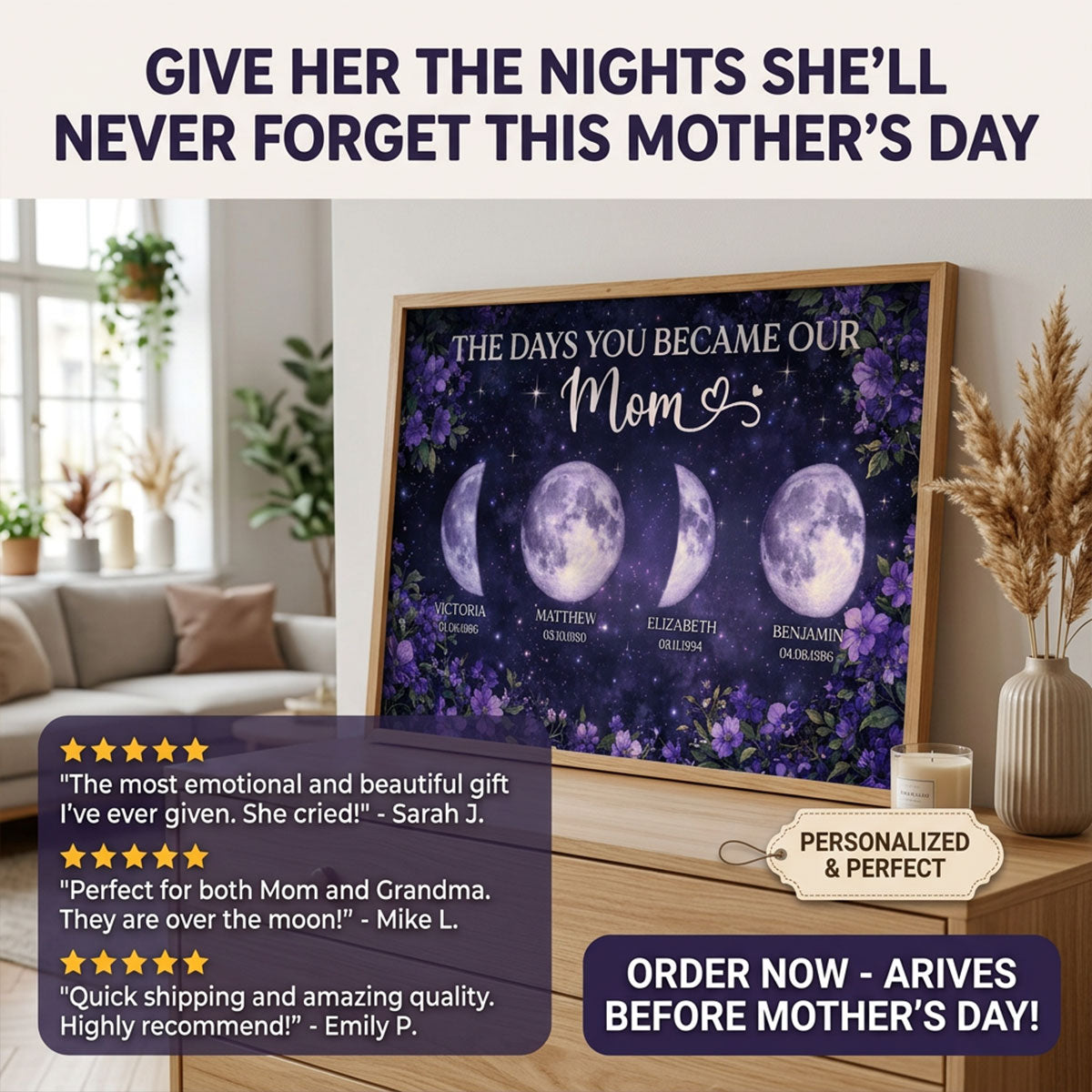 Purple Flowers The Day You Became Mom Grandma Custom Birth Moon Phase - Personalized Poster - Mother's Day Gift For Mom, Grandma